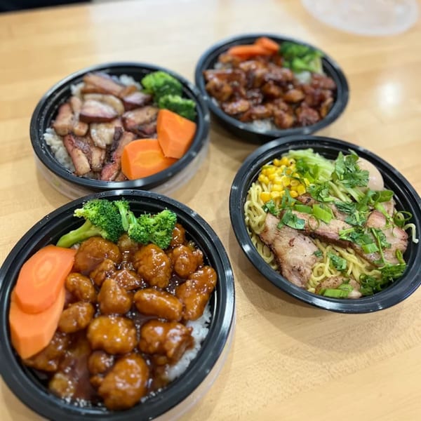 Four Tea Plus Poke bowls with various toppings including chicken, pork, noodles, and vegetables.